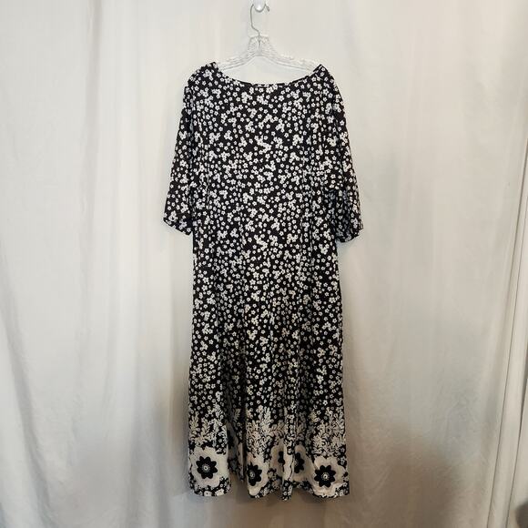 ZOLUCKY Black White Floral SS V Neck Neutral Classic Maxi Dress Cottage Women 2X - Picture 3 of 12